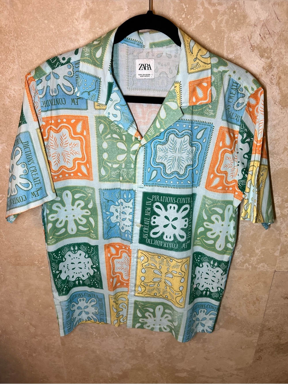 Zara Patchwork Short Sleeve Camp Collar Shirt in Green, Blue, Orange & Yellow